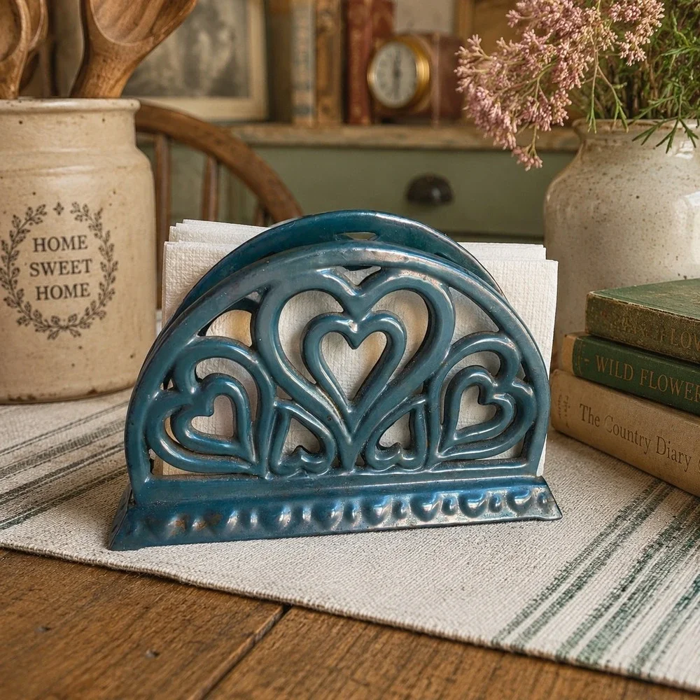VTG Green Cast Iron Enamel Heart Napkin Holder Ornate Metal Kitchen Table Decor